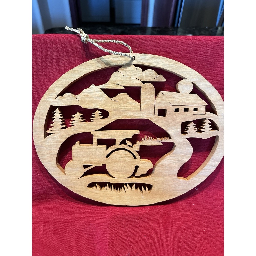 Vintage Christmas Ornament Farm Tractor Country Scene Wood Hanging Decor 8" x 7"